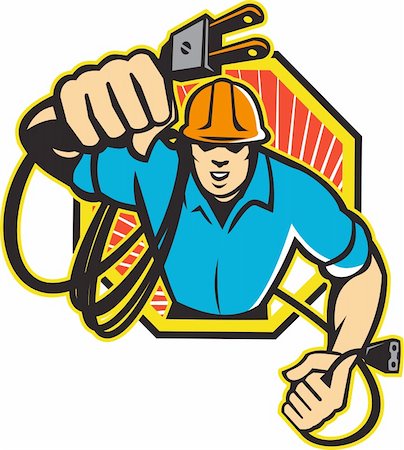 simsearch:400-08629141,k - Illustration of an electrician construction worker holding an electrical electric plug with cord front view set inside hexagon done in retro style in isolated white background. Stock Photo - Budget Royalty-Free & Subscription, Code: 400-06332019