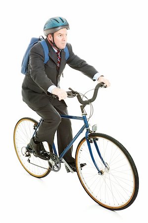 Businessman saving gas and money by riding his bicycle to work.  Full body isolated. Stock Photo - Budget Royalty-Free & Subscription, Code: 400-06333332