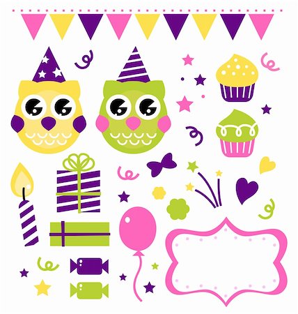 Owl set for your birthday party. Vector cartoon illustration Stock Photo - Budget Royalty-Free & Subscription, Code: 400-06333607