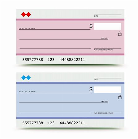 Vector illustration of bank check in two variations -  pink and blue Stock Photo - Budget Royalty-Free & Subscription, Code: 400-06333953