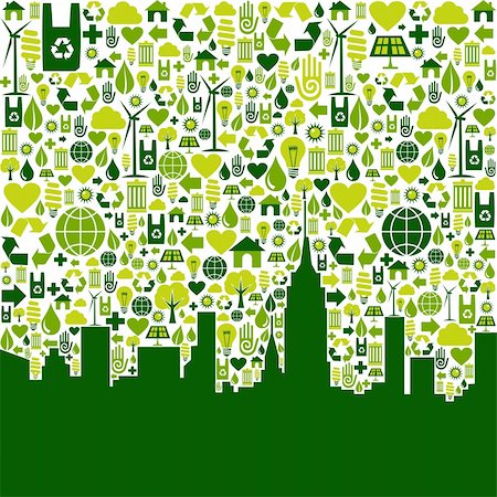 eco illustration - Green icon collection in city silhouette background. Vector file available. Stock Photo - Budget Royalty-Free & Subscription, Code: 400-06355851