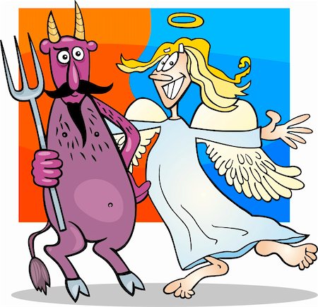 Cartoon Humorous Illustration of Angel and Devil in Friendship Stock Photo - Budget Royalty-Free & Subscription, Code: 400-06356576