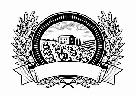 Olive harvest label in woodcut style. Black and white vector illustration. Stock Photo - Budget Royalty-Free & Subscription, Code: 400-06356659