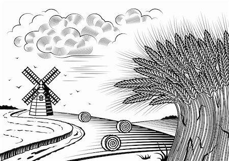 farm vector - Retro wheat fields landscape in woodcut style. Black and white vector illustration with clipping mask. Stock Photo - Budget Royalty-Free & Subscription, Code: 400-06356668