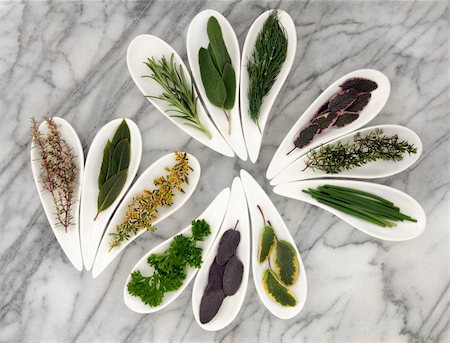 Fresh herb selection of varieties of sage, thyme, fennel, chives, mint, rosemary, parsley and bay leaf sprigs in white porcelain dishes on a mottled marble background. Stock Photo - Budget Royalty-Free & Subscription, Code: 400-06356845