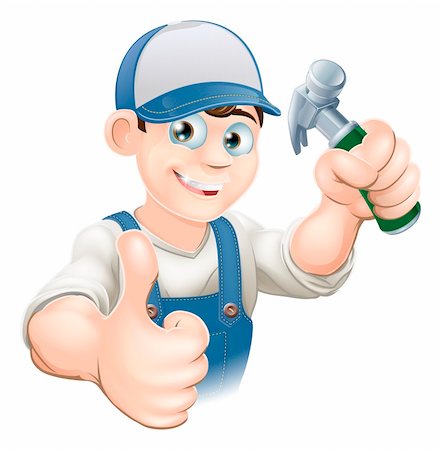 Illustration of a happy handyman, builder, construction worker or carpenter in work clothes holding a hammer and giving thumbs up Stock Photo - Budget Royalty-Free & Subscription, Code: 400-06357719