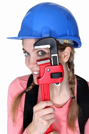plumber (female) - Funny female laborer with wrench Stock Photo - Budget Royalty-Free & Subscription, Code: 400-06364108