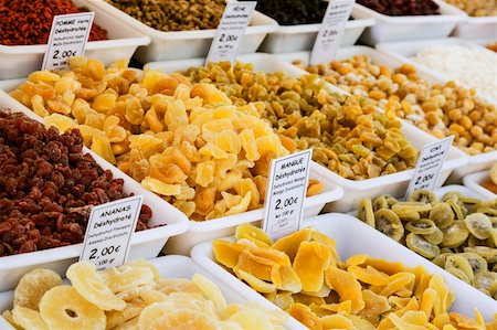 dehydrated - various dried fruits at the market in Nice in France Stock Photo - Budget Royalty-Free & Subscription, Code: 400-06365391