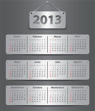 simsearch:400-07215674,k - Spanish calendar for 2013 with attached metallic tablets. Vector illustration Stock Photo - Budget Royalty-Free & Subscription, Code: 400-06367333