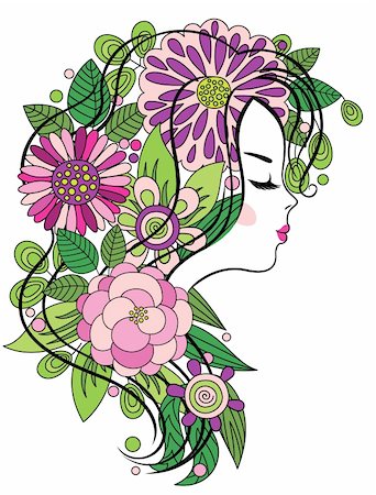 Elegant line art of a beautiful girl with colorful flowers in her hair Stock Photo - Budget Royalty-Free & Subscription, Code: 400-06360274