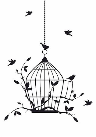 free birds with open birdcage, vector background Stock Photo - Budget Royalty-Free & Subscription, Code: 400-06384894