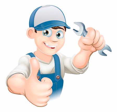 engineers hat cartoon - Illustration of a happy plumber, mechanic or handyman in work clothes holding a spanner and giving thumbs up Stock Photo - Budget Royalty-Free & Subscription, Code: 400-06385514