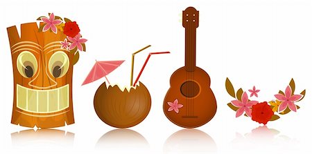 Hawaiian icons - tiki, ukulele, hibiscus on white background - vector illustration Stock Photo - Budget Royalty-Free & Subscription, Code: 400-06387287