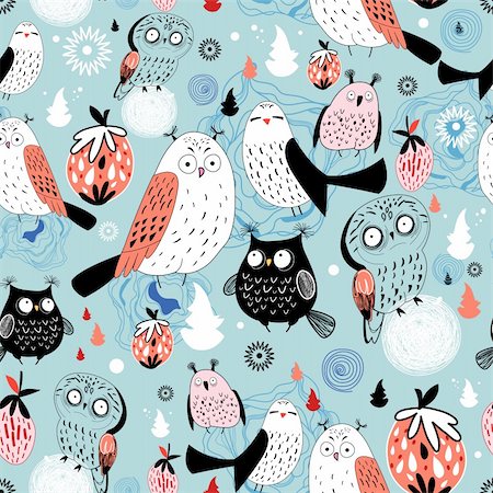 beautiful seamless pattern of funny owls on a blue background with Christmas trees Stock Photo - Budget Royalty-Free & Subscription, Code: 400-06388144