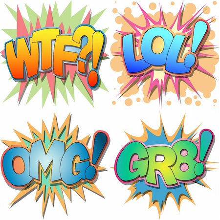 A Selection of Comic Book Abbreviations and Acronym Illustrations, WTF, LOL, OMG, GR8, Laugh Out Loud, Oh My God, Great Stock Photo - Budget Royalty-Free & Subscription, Code: 400-06389485