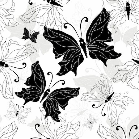 simsearch:400-05741762,k - Seamless pattern with graphic white, black and gray vintage butterflies (vector) Stock Photo - Budget Royalty-Free & Subscription, Code: 400-06389716
