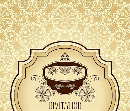 vector wedding invitation card with antique carriage in the frame  on  floral seamless  pattern,  fully editable eps 10 file with clipping masks,  standart AI font Stock Photo - Budget Royalty-Free & Subscription, Code: 400-06389973