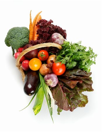 simsearch:400-06864386,k - Basket of Various Vegetables with Broccoli, radishes, lettuce, onions, leeks, beets, carrots, red tomatoes, yellow tomatoes, parsley top view isolated on white background Stock Photo - Budget Royalty-Free & Subscription, Code: 400-06394849
