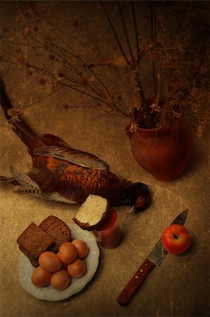 dreaming about eating - Art still life with a pheasant and bread Stock Photo - Budget Royalty-Free & Subscription, Code: 400-06395105