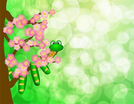 simsearch:400-06366927,k - Chinese New Year Green Snake on Cherry Blossom Flowering Tree in Spring with Blurred Bokeh Background Illustration Stock Photo - Budget Royalty-Free & Subscription, Code: 400-06395302