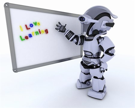 simsearch:400-06396346,k - 3D render of a Robot with White class room drywipe marker board Stock Photo - Budget Royalty-Free & Subscription, Code: 400-06396346