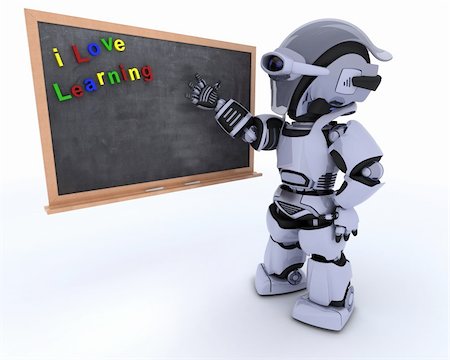 pupil in a empty classroom - 3D render of a Robot with school chalk board Stock Photo - Budget Royalty-Free & Subscription, Code: 400-06396347