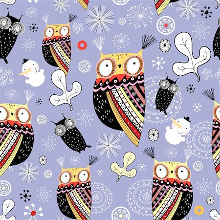 snowy owl - Seamless winter pattern with ornamental owls and snowmen on a purple background with snowflakes Stock Photo - Budget Royalty-Free & Subscription, Code: 400-06396688