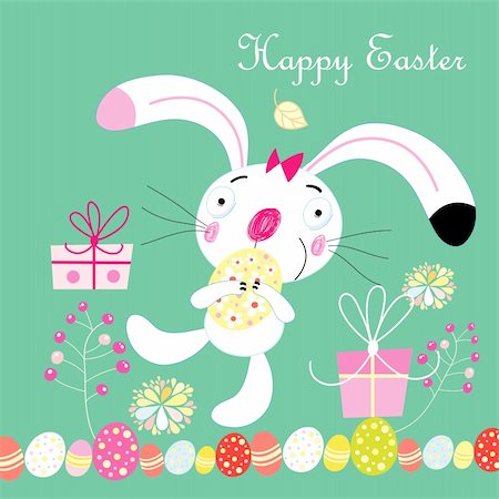 simsearch:400-08627385,k - Easter greeting card with rabbit on a green background with eggs Stock Photo - Budget Royalty-Free & Subscription, Code: 400-06397120