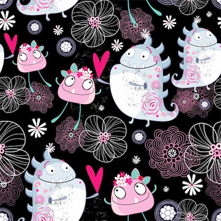 simsearch:400-06929001,k - Seamless bright pattern of the fun loving monsters on black floral background Stock Photo - Budget Royalty-Free & Subscription, Code: 400-06393023