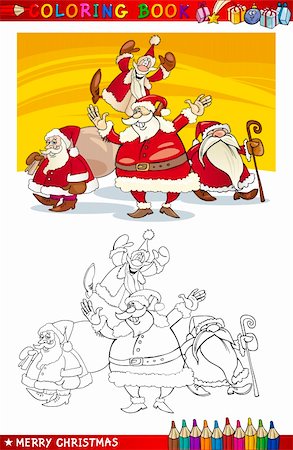 simsearch:400-08708552,k - Coloring Book or Page Cartoon Illustration of Santa Clauses Christmas Themes for Children Stock Photo - Budget Royalty-Free & Subscription, Code: 400-06408854