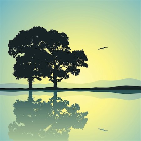 simsearch:400-06408905,k - Two Trees Standing Alone with Reflection in Water Stock Photo - Budget Royalty-Free & Subscription, Code: 400-06408901