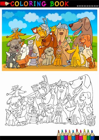 simsearch:400-04214443,k - Coloring Book or Page Cartoon Illustration of Funny Sitting Dogs and Cats Group against Blue Sky for Children Stock Photo - Budget Royalty-Free & Subscription, Code: 400-06414248