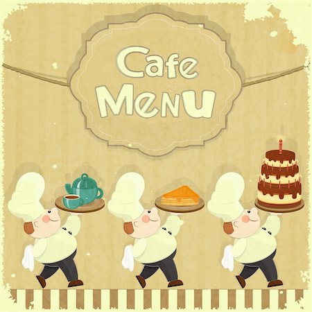 painting of people in a restaurant - Cafe Menu Card in Retro style - cooks brought  dessert - Vector illustration Stock Photo - Budget Royalty-Free & Subscription, Code: 400-06414345