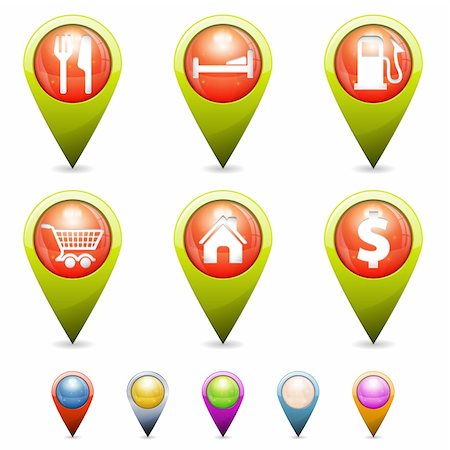 Set 3D Map Pointers with Icons - home, restaurant, hotel, gas station, basket store, isolated. Easily Change the Color Stock Photo - Budget Royalty-Free & Subscription, Code: 400-06415487