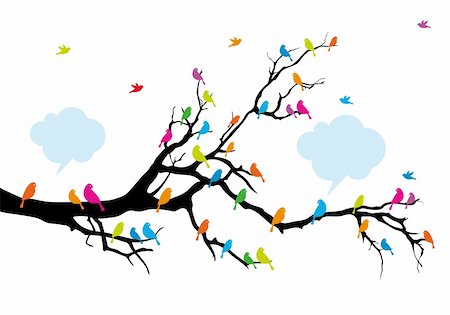Colorful birds on tree branch, vector background illustration Stock Photo - Budget Royalty-Free & Subscription, Code: 400-06415566