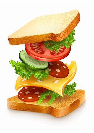 exploded view of sandwich ingredients with cheese, tomatoes, lettuce and sausage. Vector illustration isolated on white background EPS10. Transparent objects used for shadows and lights drawing. Stock Photo - Budget Royalty-Free & Subscription, Code: 400-06416109