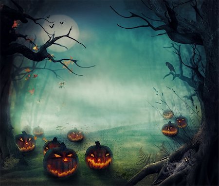 Halloween design - Forest pumpkins. Horror background with autumn valley with woods, spooky tree, pumpkins and spider web. Space for your Halloween holiday text. Stock Photo - Budget Royalty-Free & Subscription, Code: 400-06418644