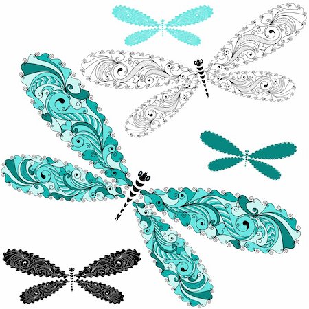 simsearch:400-05706564,k - Set turquoise and black-white vintage dragonflies on white (vector) Stock Photo - Budget Royalty-Free & Subscription, Code: 400-06419661