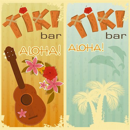retro cards for Tiki bars, Hawaiian party, two postcards in vintage style with hand drawn text Aloha and Tiki - vector illustration Stock Photo - Budget Royalty-Free & Subscription, Code: 400-06410963