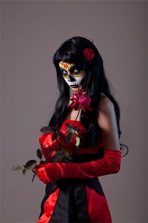Sugar skull lady with red rose, Mexican Day of the Dead Stock Photo - Budget Royalty-Free & Subscription, Code: 400-06424092