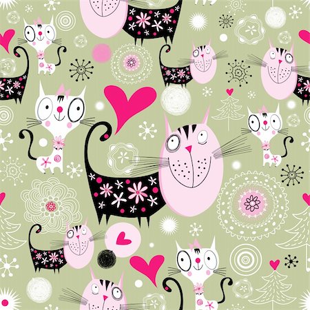 simsearch:400-08627385,k - Seamless jolly pattern with lovers cats on a green background with hearts Stock Photo - Budget Royalty-Free & Subscription, Code: 400-06424862