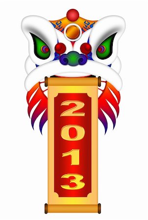 simsearch:400-06366927,k - Chinese Lion Dance Colorful Ornate Head and Scroll with New Year 2013 Numerals Illustration Isolated on White Background Stock Photo - Budget Royalty-Free & Subscription, Code: 400-06425376