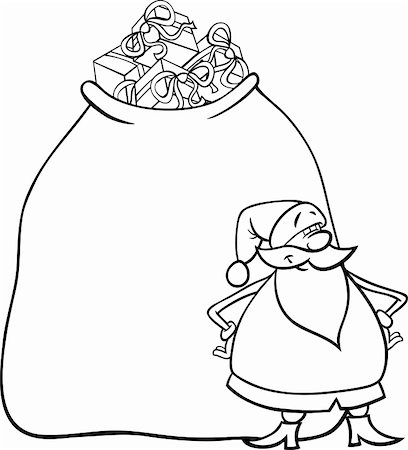 simsearch:400-08708552,k - Cartoon Illustration of Funny Santa Claus or Papa Noel with Huge Sack Full of Christmas Presents for Coloring Book Stock Photo - Budget Royalty-Free & Subscription, Code: 400-06426332