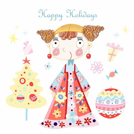 simsearch:400-08627385,k - greeting card with little girl and Christmas tree on a white background with Christmas toys Stock Photo - Budget Royalty-Free & Subscription, Code: 400-06426941