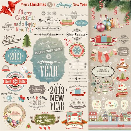 Christmas vintage Scrapbook set - labels, ribbons and other decorative elements. Vector illustration. Stock Photo - Budget Royalty-Free & Subscription, Code: 400-06428812
