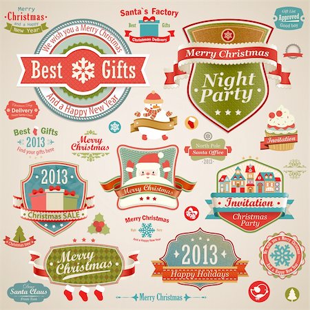 simsearch:400-07222092,k - Christmas vintage set - labels, ribbons and other decorative elements. Vector illustration. Stock Photo - Budget Royalty-Free & Subscription, Code: 400-06428813