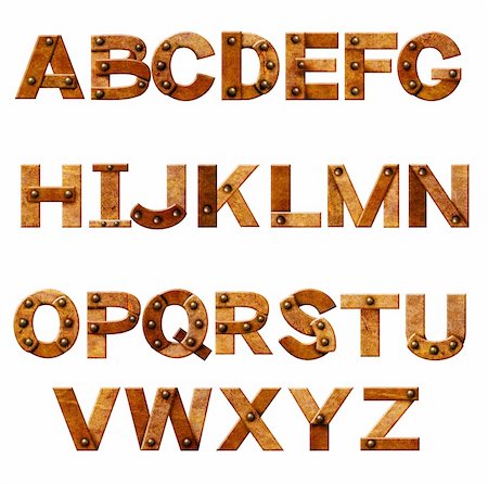 Alphabet - letters from rusty metal with rivets. Isolated over white Stock Photo - Budget Royalty-Free & Subscription, Code: 400-06429359