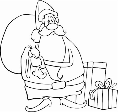 simsearch:400-08708552,k - Cartoon Illustration of Funny Santa Claus or Papa Noel with Sack and Christmas Presents and Gifts for Coloring Book or Page Stock Photo - Budget Royalty-Free & Subscription, Code: 400-06429572