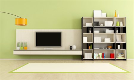 simsearch:400-07513835,k - green  living room with tv stand and bookcase - rendering Foto de stock - Super Valor sin royalties y Suscripción, Código: 400-06429809