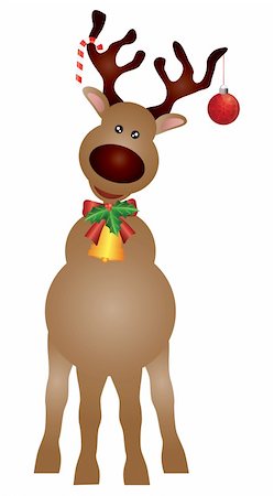 simsearch:400-06418836,k - Santa Reindeer with Bow Bell Holly Berries Candy Cane and Christmas Ornament Hanging on Antlers Illustration Stock Photo - Budget Royalty-Free & Subscription, Code: 400-06420565